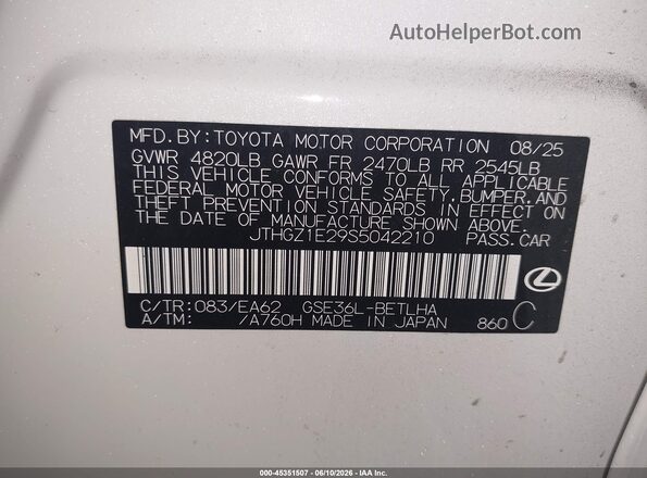 JTHGZ1E29S5042210 2025 LEXUS IS 350 White Շարժիչի բաժամունքի տեսք