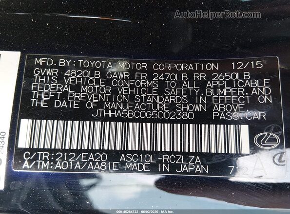 JTHHA5BC0G5002380 2016 LEXUS RC 200T Black Widok komory silnika