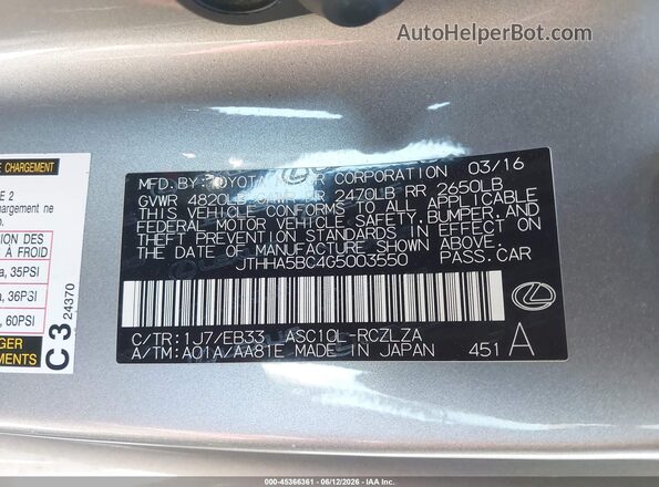 JTHHA5BC4G5003550 2016 LEXUS RC 200T Gray Widok komory silnika