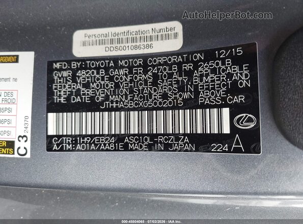 JTHHA5BCXG5002015 2016 LEXUS RC 200T Gray Vista del compartimento del motor