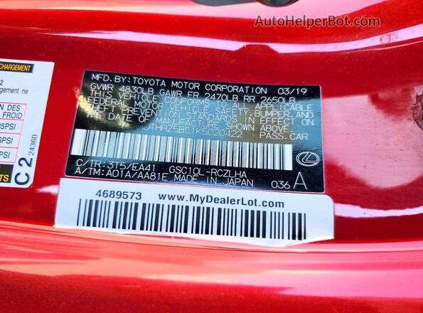 JTHHZ5BC1K5020422 2019 LEXUS RC Red VIN sticker view