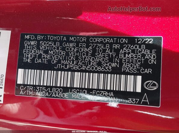 JTHJP5BC4N5008633 2022 LEXUS RC-F Red Vista del compartimento del motor