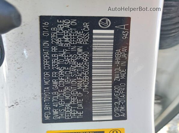 JTHKD5BH5G2269590 2016 LEXUS CT White Vista de la etiqueta del VIN
