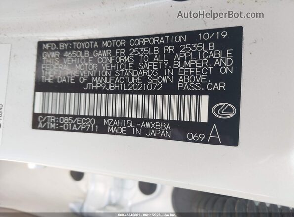 JTHP9JBH1L2021072 2020 LEXUS UX 250H White Engine compartment view
