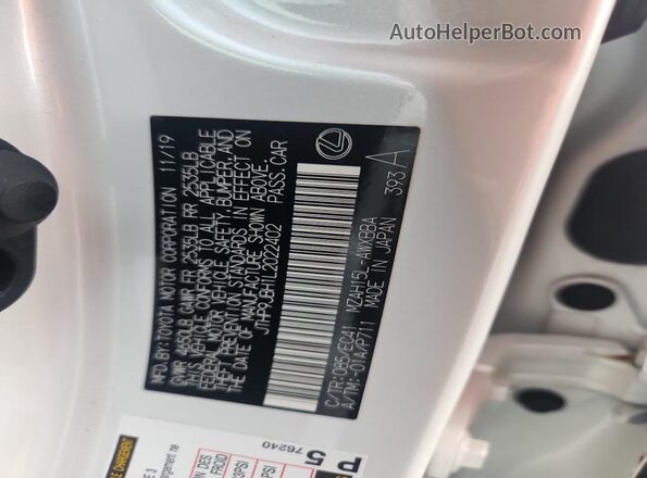 JTHP9JBH1L2022402 2020 LEXUS UX White Вид наклейки з VIN-кодом