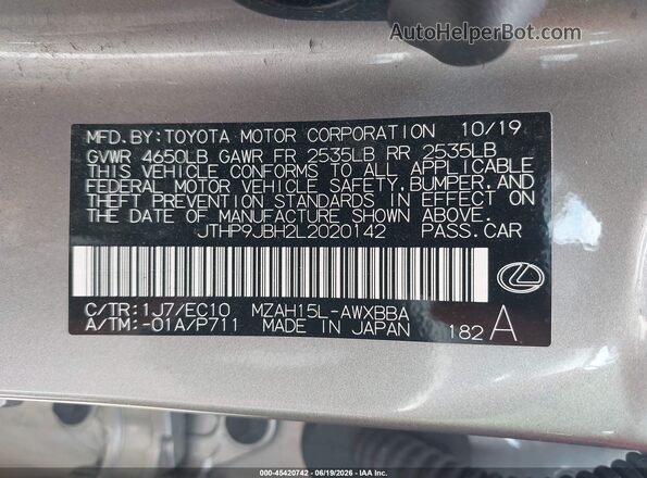 JTHP9JBH2L2020142 2020 LEXUS UX 250H Gray Շարժիչի բաժամունքի տեսք