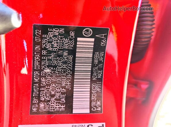 JTHP9JBH2P2063448 2023 LEXUS UX Red Vista de la etiqueta del VIN