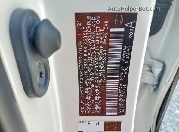 JTHP9JBH3N2056750 2022 LEXUS UX White VIN կոդի պիտակի տեսք