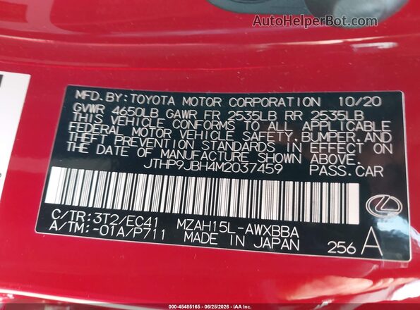 JTHP9JBH4M2037459 2021 LEXUS UX 250H Red Շարժիչի բաժամունքի տեսք