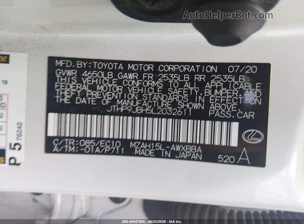JTHP9JBH5L2032611 2020 LEXUS UX 250H White Vista del compartimento del motor