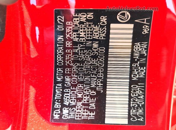 JTHP9JBH6N2060100 2022 LEXUS UX Red VIN կոդի պիտակի տեսք