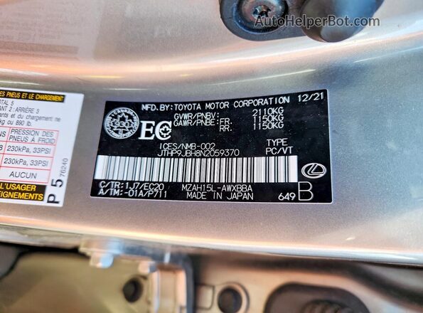 JTHP9JBH8N2059370 2022 LEXUS UX Silver 