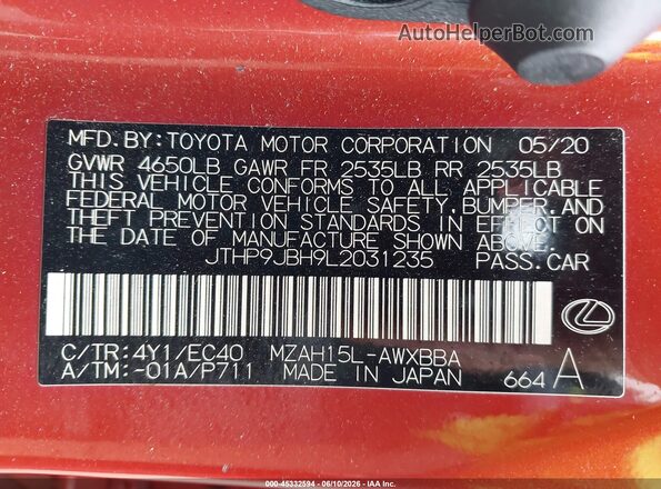 JTHP9JBH9L2031235 2020 LEXUS UX 250H Orange Widok komory silnika