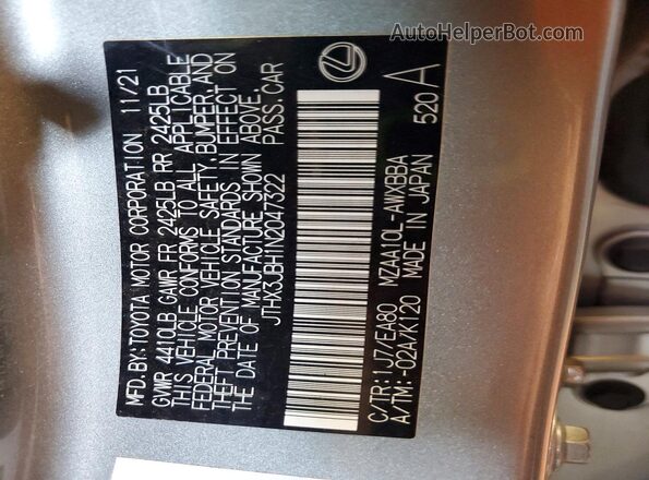 JTHX3JBH1N2047322 2022 LEXUS UX Silver 