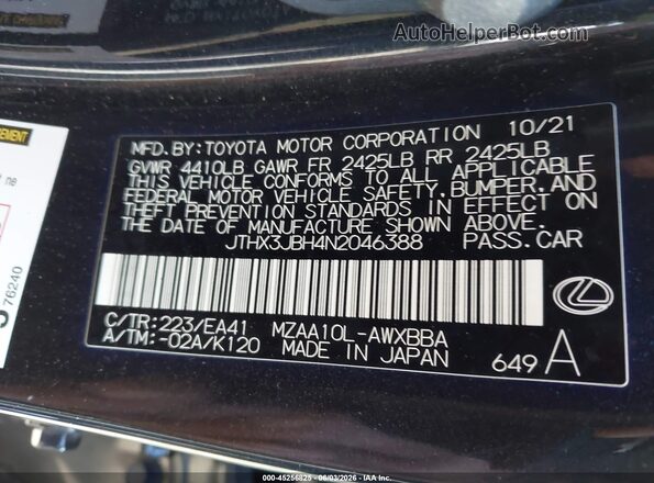 JTHX3JBH4N2046388 2022 LEXUS UX 200 Black ძრავის განყოფილების ხედი