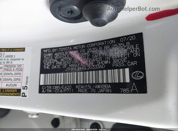 JTHX9JBH0L2033360 2020 LEXUS UX 250H White Widok komory silnika