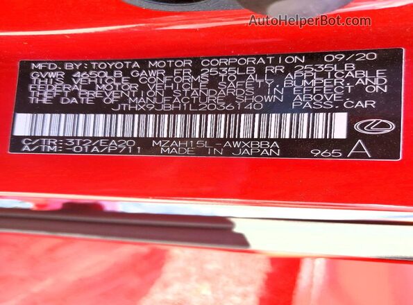 JTHX9JBH1L2036140 2020 LEXUS UX Red VIN კოდის სტიკერის ხედი