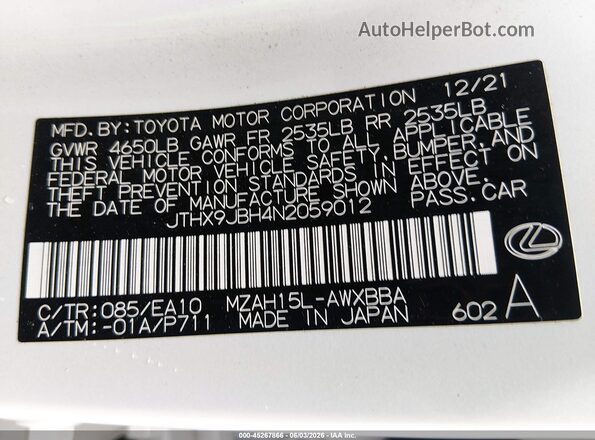 JTHX9JBH4N2059012 2022 LEXUS UX 250H White Շարժիչի բաժամունքի տեսք