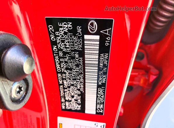 JTHX9JBH5L2035444 2020 LEXUS UX Red VIN կոդի պիտակի տեսք