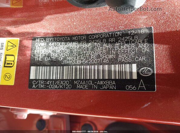JTHY3JBH5K2007146 2019 LEXUS UX 200 Orange Vista del compartimento del motor