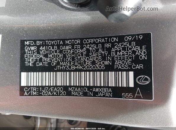 JTHY3JBH9K2020305 2019 LEXUS UX 200 Серебряный 