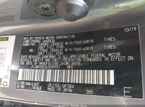 JTJAM7BX2L5245947 2020 LEXUS GX 460 Gray Вид підкапотного простору