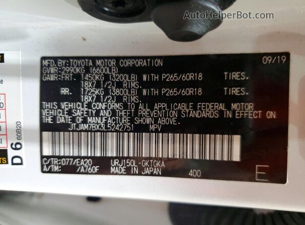 JTJAM7BX3L5242751 2020 LEXUS GX White Սալոնի 360 աստիճան տեսք