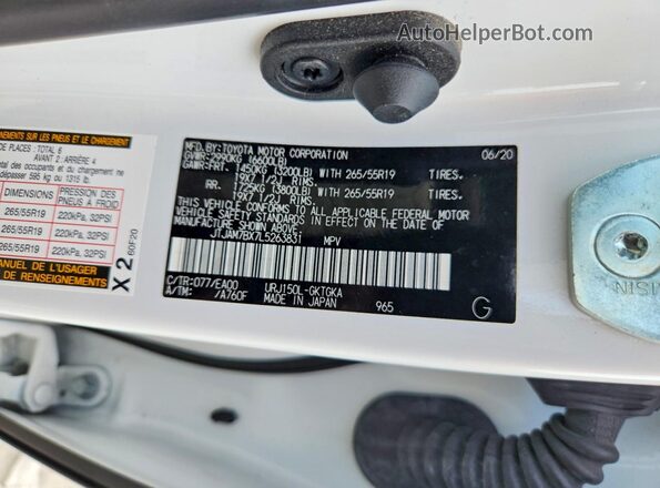 JTJAM7BX7L5263831 2020 LEXUS GX White VIN კოდის სტიკერის ხედი