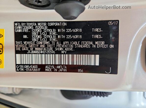 JTJBARBZ4H2135596 2017 LEXUS NX White Vista de la etiqueta del VIN