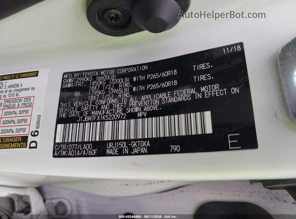 JTJBM7FX1K5220972 2019 LEXUS GX 460 White Widok komory silnika