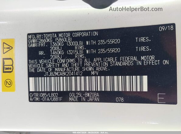 JTJBZMCA8K2041412 2019 LEXUS RX 350 White Շարժիչի բաժամունքի տեսք