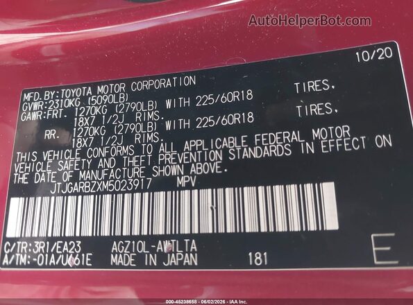JTJGARBZXM5023917 2021 LEXUS NX 300 Red Engine compartment view