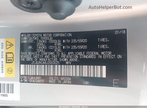 JTJGZKCA8J2003025 2018 LEXUS RX 350L Silver Widok komory silnika
