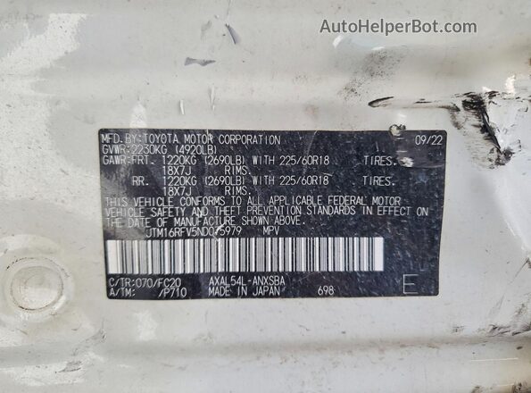 JTM16RFV5ND075979 2022 TOYOTA RAV4 White VIN sticker view