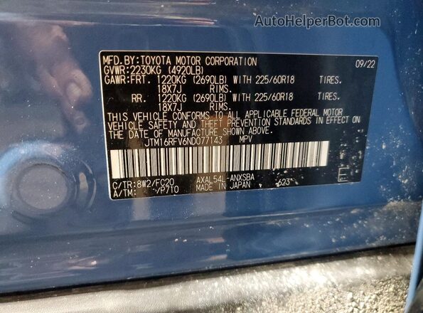 JTM16RFV6ND077143 2022 TOYOTA RAV4 Blue VIN sticker view