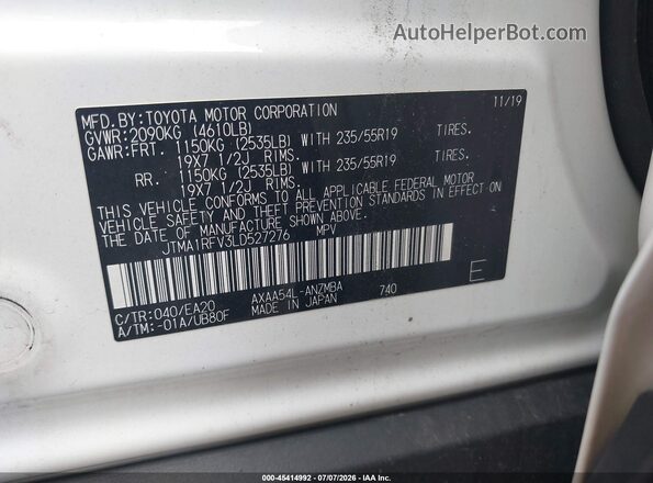 JTMA1RFV3LD527276 2020 TOYOTA RAV4 White Вид підкапотного простору