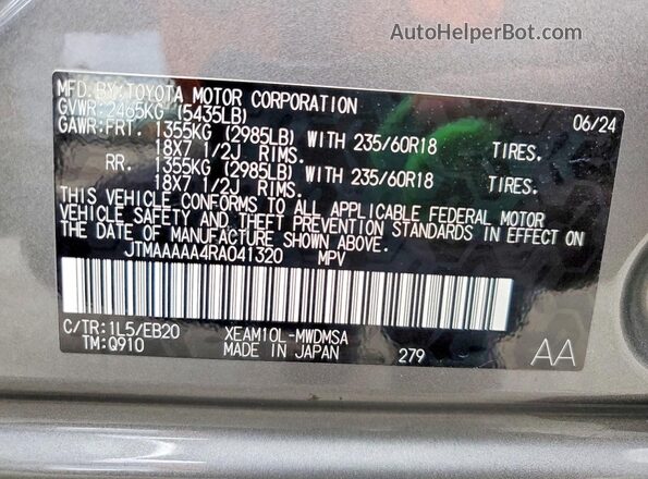 JTMAAAAA4RA041320 2024 TOYOTA BZ4X Серый Вид наклейки с VIN-кодом