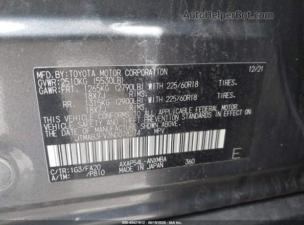 JTMAB3FV3ND078274 2022 TOYOTA RAV4 PRIME Gray Vista del compartimento del motor