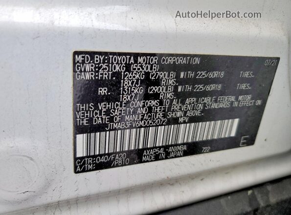 JTMAB3FV6MD052072 2021 TOYOTA RAV4 White Widok wnętrza 360 stopni