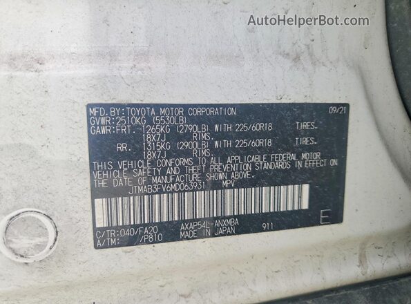 JTMAB3FV6MD063931 2021 TOYOTA RAV4 White Widok wnętrza 360 stopni