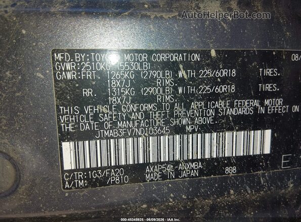 JTMAB3FV7ND103645 2022 TOYOTA RAV4 PRIME Gray Engine compartment view