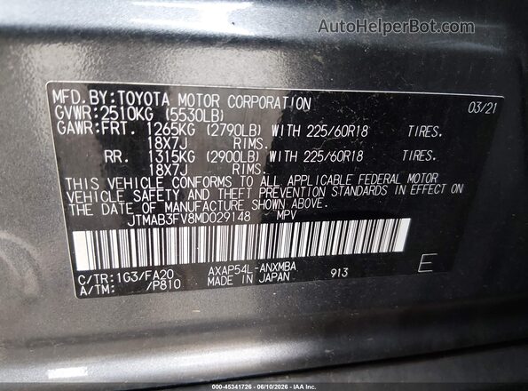 JTMAB3FV8MD029148 2021 TOYOTA RAV4 PRIME Gray Vista del compartimento del motor