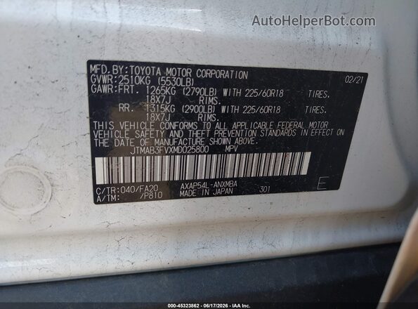 JTMAB3FVXMD025800 2021 TOYOTA RAV4 PRIME White Engine compartment view