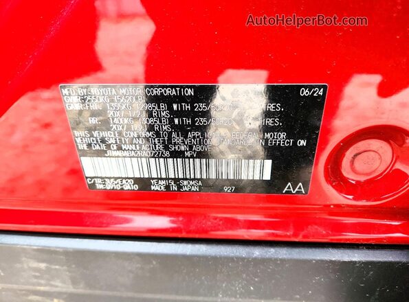 JTMABABA2RA072738 2024 SUBARU SOLTERRA Red Vista de la etiqueta del VIN