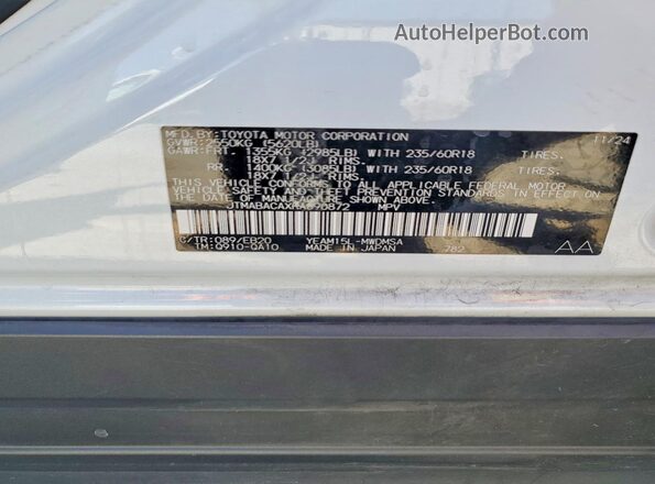 JTMABACAXRA090872 2024 TOYOTA BZ4X White Vista de la etiqueta del VIN