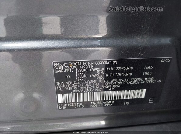 JTMB6RFV5ND531547 2022 TOYOTA RAV4 HYBRID Gray Vista del compartimento del motor