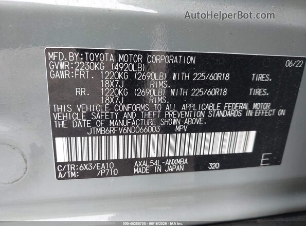 JTMB6RFV6ND066003 2022 TOYOTA RAV4 HYBRID Gray Вид підкапотного простору
