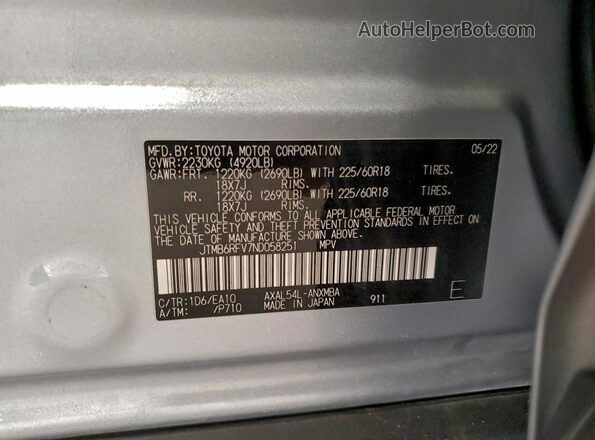 JTMB6RFV7ND058251 2022 TOYOTA RAV4 Gray Widok naklejki z numerem VIN