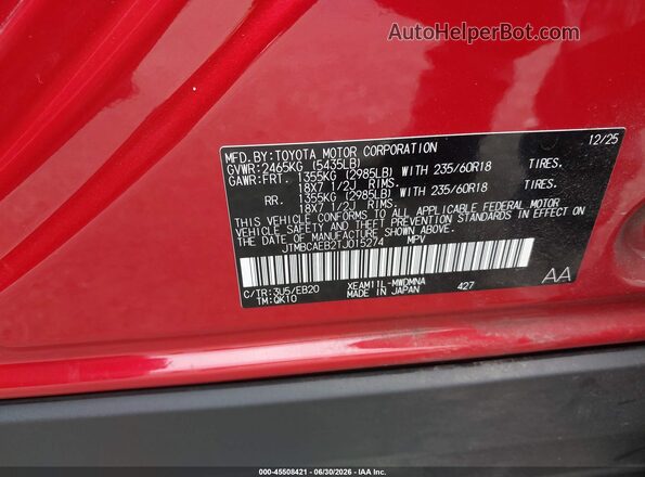 JTMBCAEB2TJ015274 2026 TOYOTA BZ Red Widok komory silnika