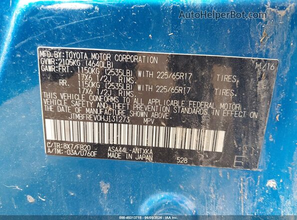 JTMBFREV0HJ131273 2017 TOYOTA RAV4 Blue ძრავის განყოფილების ხედი
